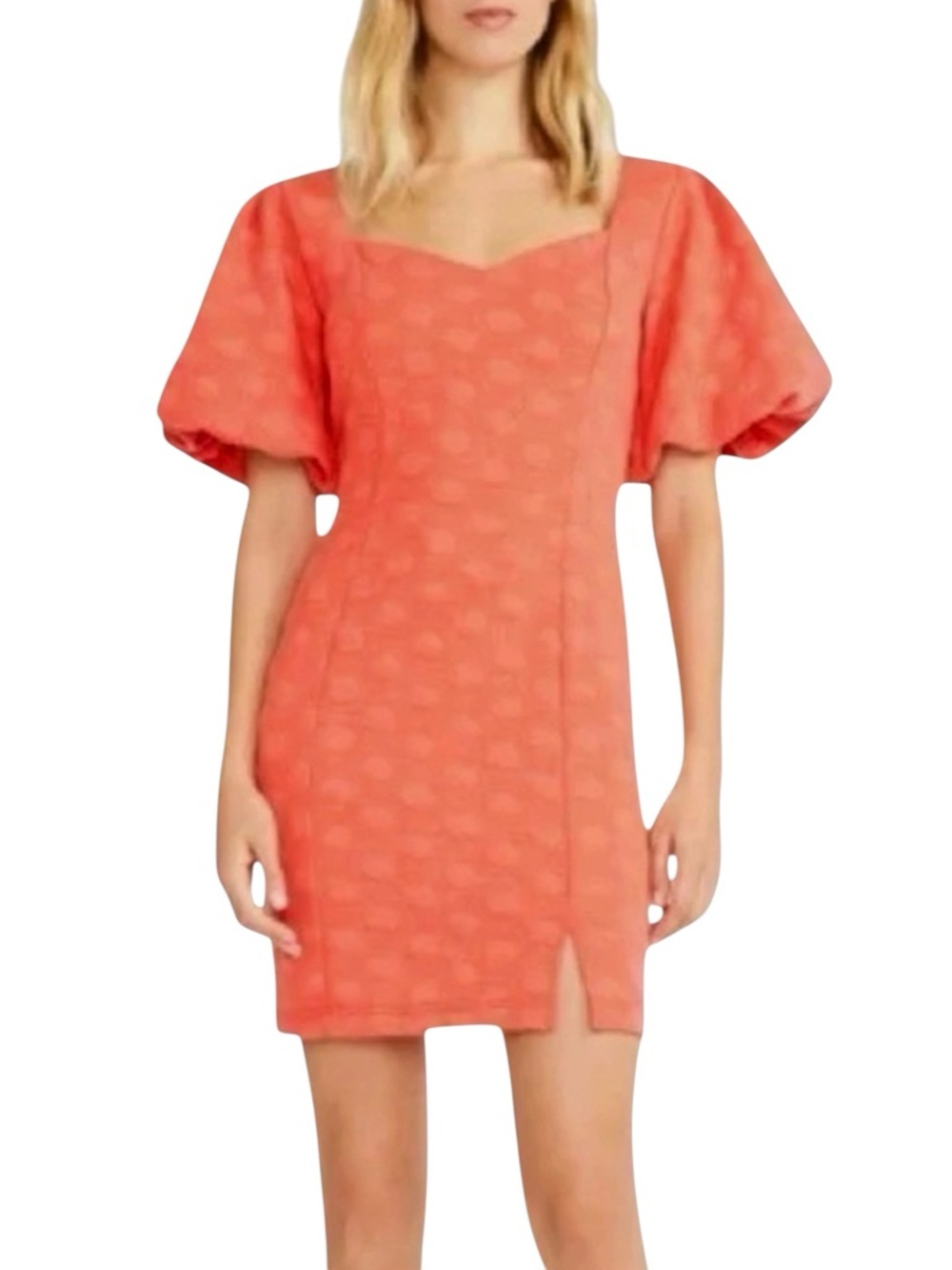 NWT Betsey Johnson Coral Puff Sleeve Textured Polka Dot Pattern Mini Dress
